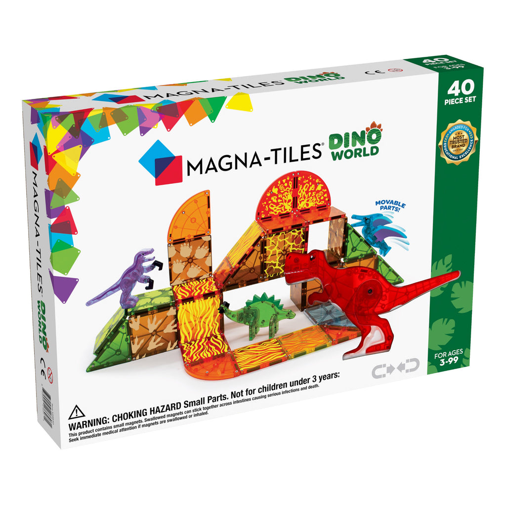 Magna-tiles dinosaur themed magnetic tile building set in packaging, front of box.