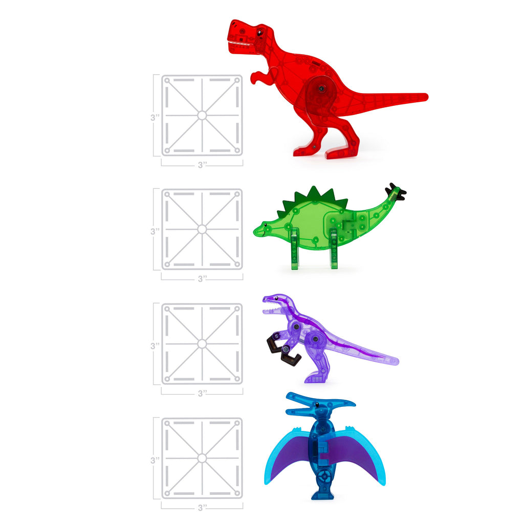 Magna-tiles magnetic dinosaur figures shown beside 3 inch box to show size.