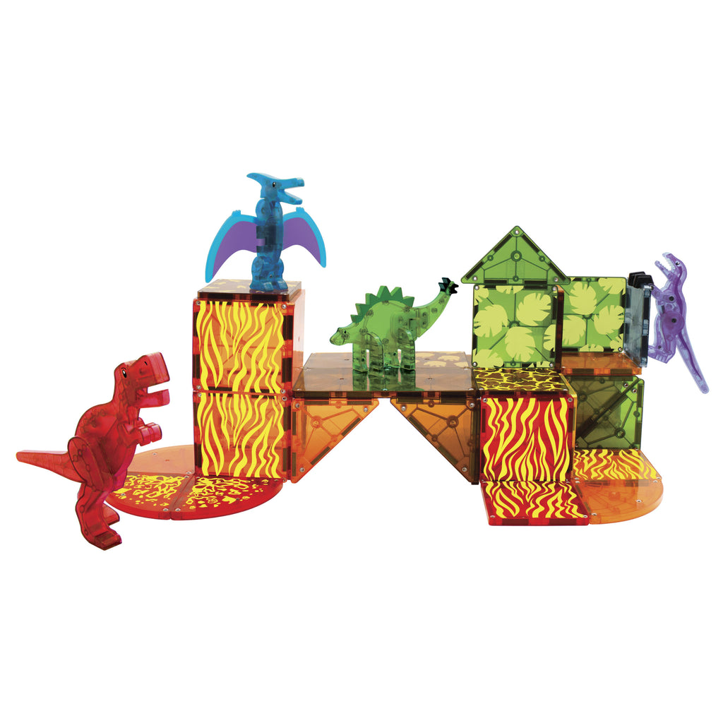 Magna-tiles dinosaur themed magnetic tile building set with dinosaur figures.