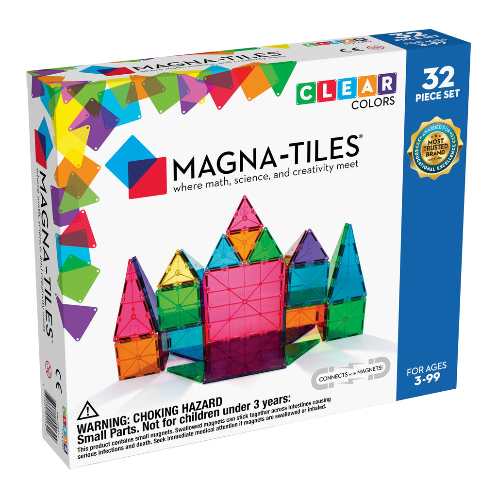 Magna-tiles 32 piece clear colors building set, box front.