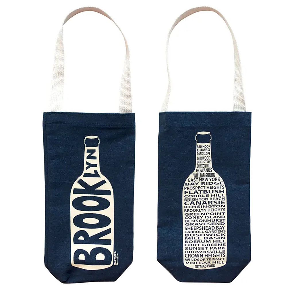 maptote blue denim single bottle wine tote bag with a white bottle on the front with "brooklyn" in it and on the back with the names of all the neighborhoods in brooklyn