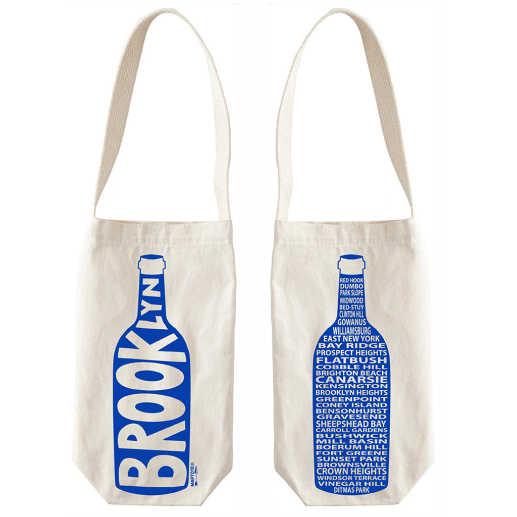 maptote white canvas single bottle wine tote bag with a blue bottle on the front with "brooklyn" in it and on the back with the names of all the neighborhoods in brooklyn