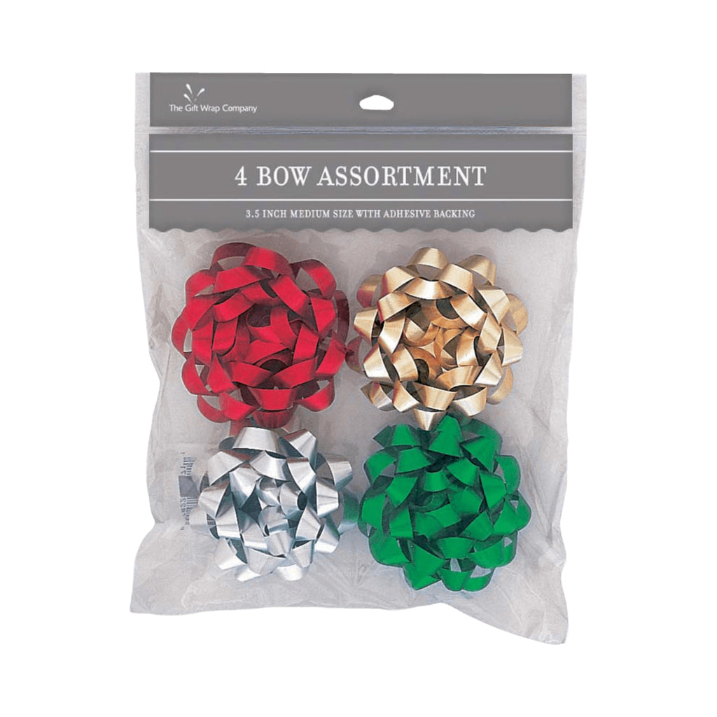 set of 4 matte metallic 3.5" bows in red, green, gold, and silver.