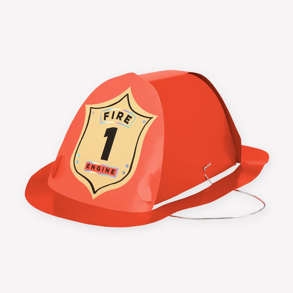 Meri Meri bright red paper firefighter party hat with silver elastic and holographic foil details.