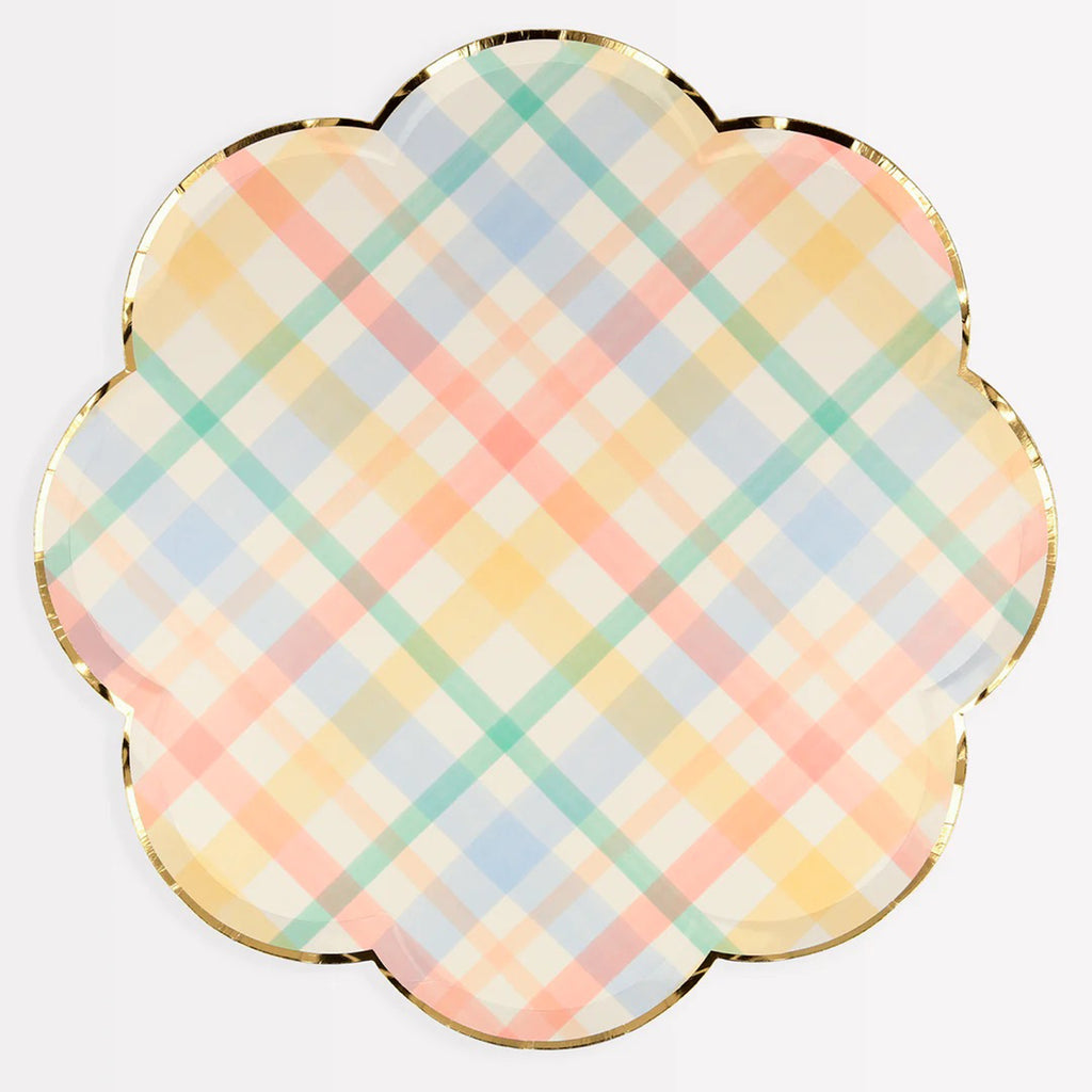 Meri Meri paper party large dinner plates with scalloped border outlined in shiny gold foil and a plaid design in soft pastel colors.