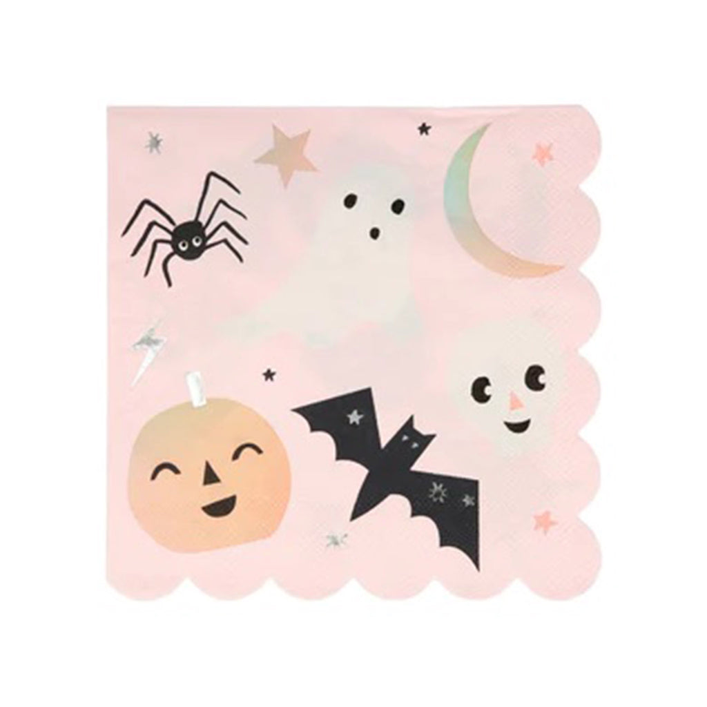 Pastel pink halloween napkins with illustrations of a spider, ghost, skull, bat, jack-o-lantern and crescent moon with silver and holographic foil details and scalloped edges.