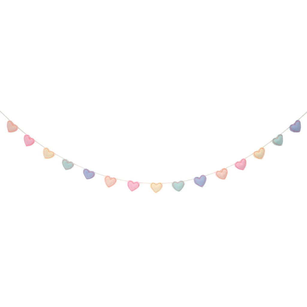 Meri Meri puffy felt hearts with neon coral stitching in pastel colors attached to a natural color braided cord, full length.