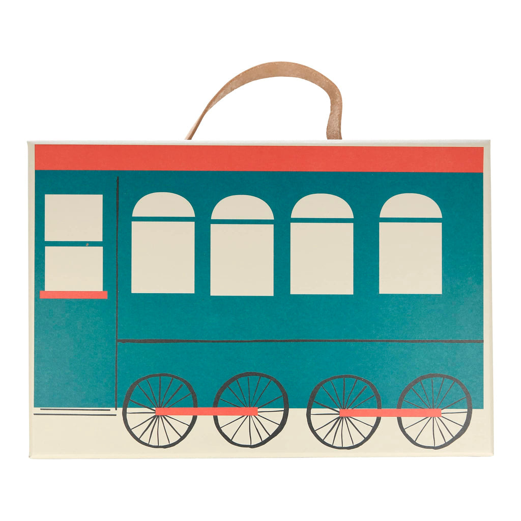 Railway train advent calendar, back of suitcase packaging with illustration of a blue train car and leather handle on top.