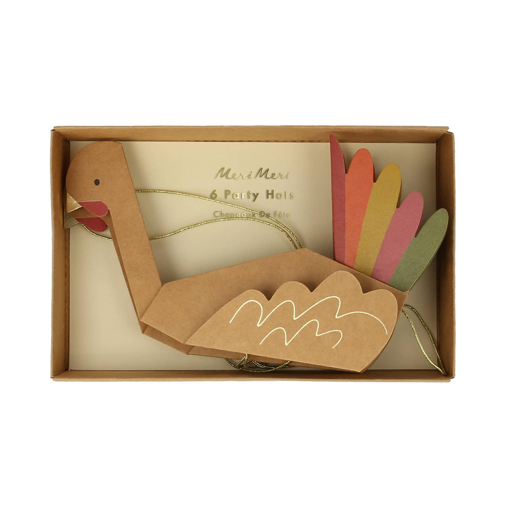 Folded paper party hat that looks like a turkey with gold foil beak and colorful tail feathers in kraft paper box packaging.