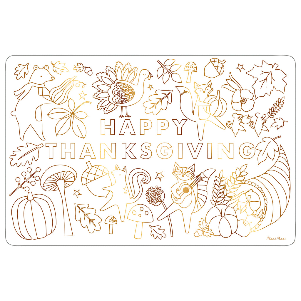 Meri Meri coloring placemat for kids with "happy thanksgiving" and illustrations of woodland creatures, fruit, nuts, plants, flowers and leaves in copper foil.