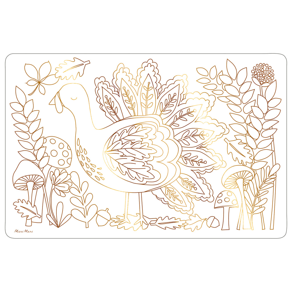 Meri Meri thanksgiving coloring placemat for kids with an illustration of a turkey, plants and leaves in copper foil.