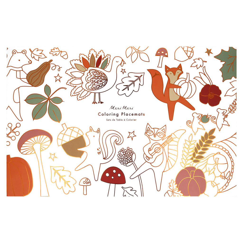Front of envelope packaging for thanksgiving coloring placemats for kids with illustrations of woodland creatures, fruit, nuts, plants, flowers and leaves in copper foil.
