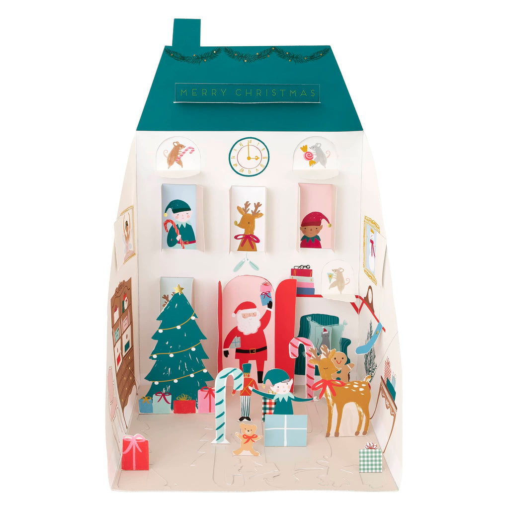Meri Meri Santa's house pop up advent calendar front fully open with paper characters.