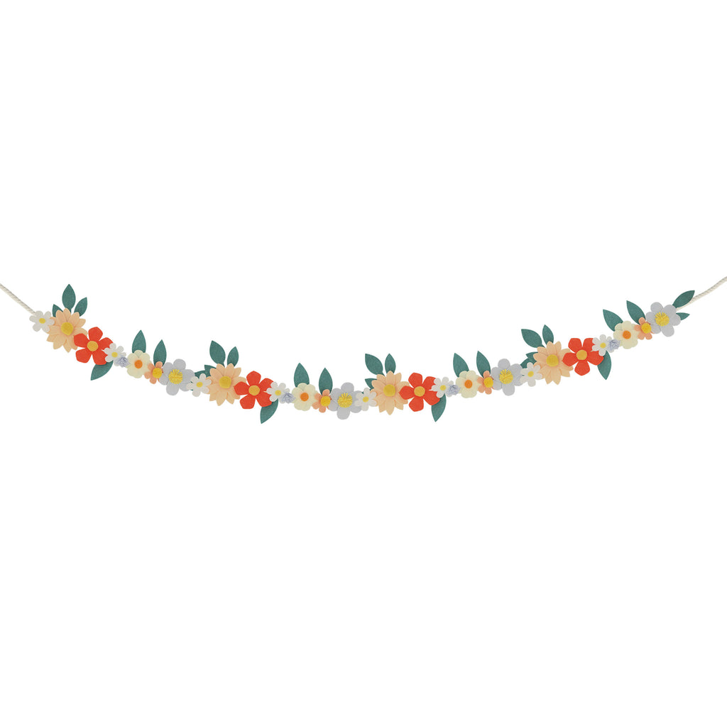 Meri Meri Felt Flower Garland with cream, light yellow, peach, coral, pink and pale blue flowers with pompom centers and green leaves on a natural cotton rope, full length shown.