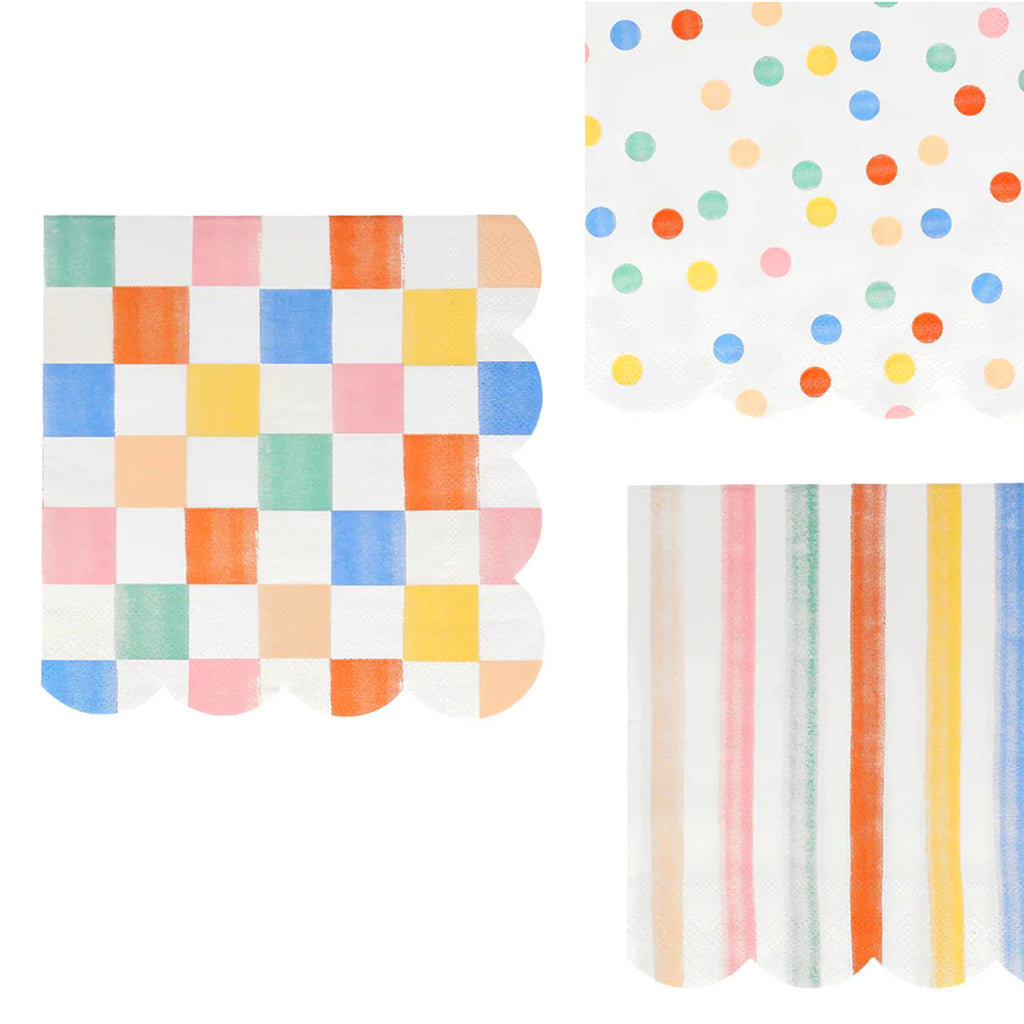 Meri Meri Colorful Pattern Large Paper Party Napkins in 3 styles with scalloped edges.