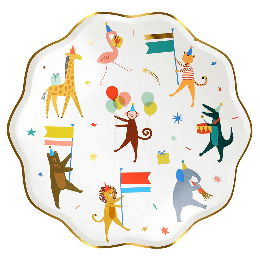 Meri Meri Animal Parade Large Dinner Party Plate with scalloped border with gold foil trim.