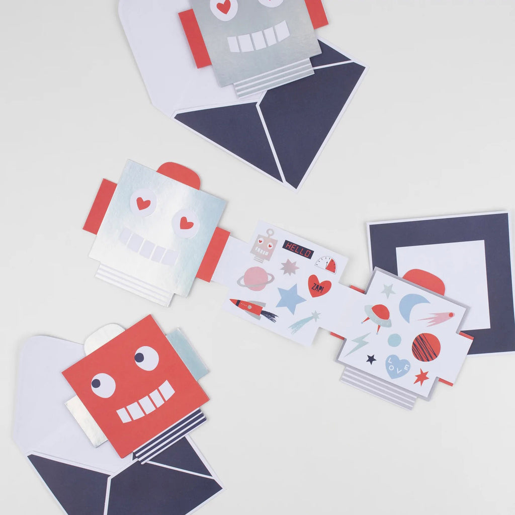 Meri Meri Robot Concertina kids valentines day cards with stickers and coordinating navy and white envelopes.