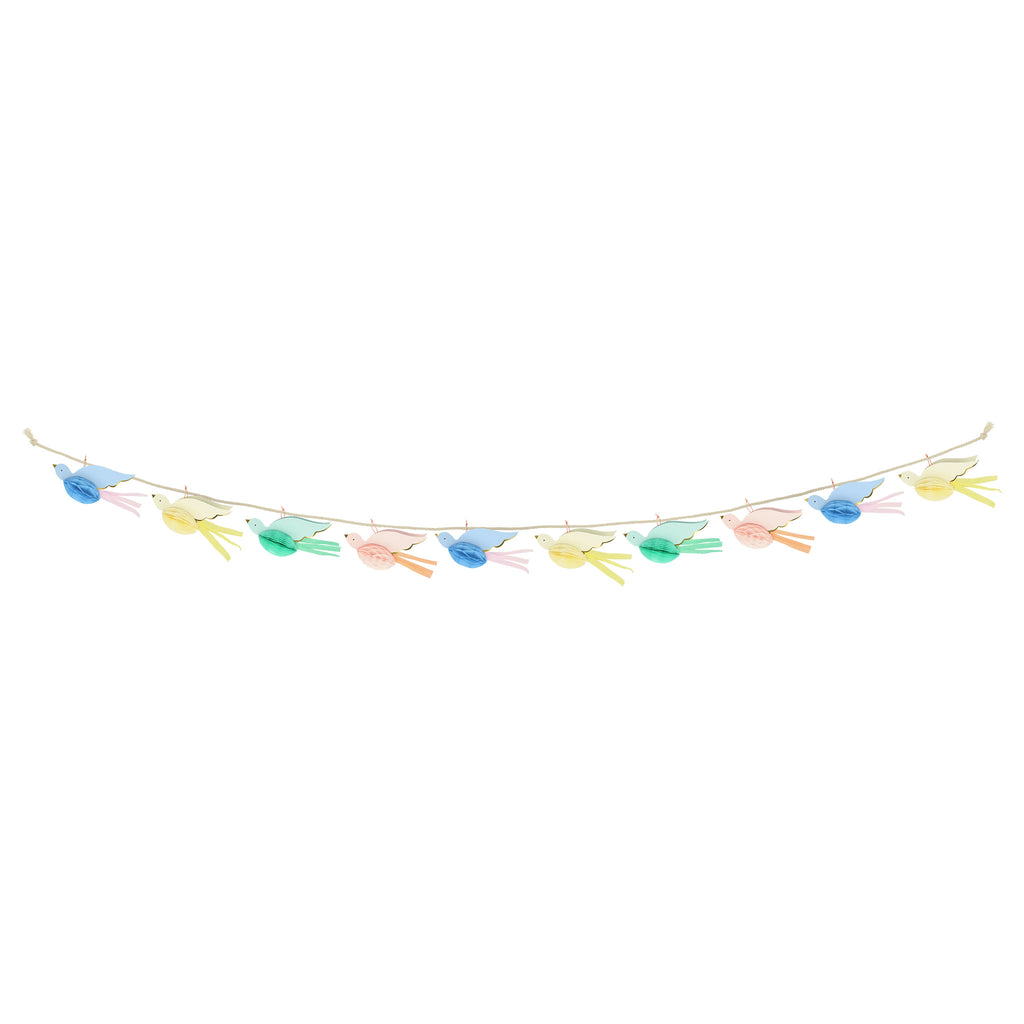 Meri Meri Honeycomb Bird Garland with yellow, green, pink and blue birds with honeycomb body and crepe paper embellishments, full length.