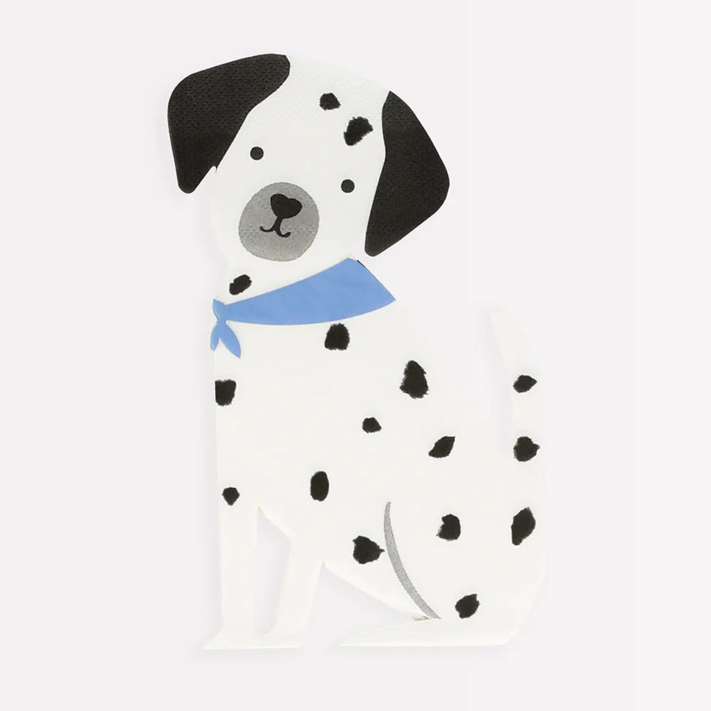 Meri Meri puppy paper party napkin that is die-cut and looks like a sitting dalmatian puppy with a blue bandana around its neck.