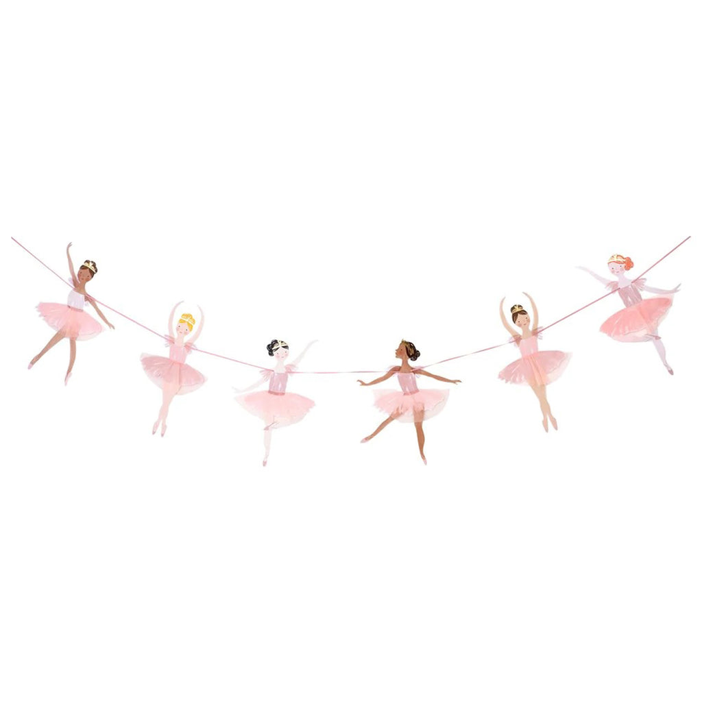meri meri ballerina paper party garland with ballerinas with pink tulle tutus strung on a dusty pink ribbon
