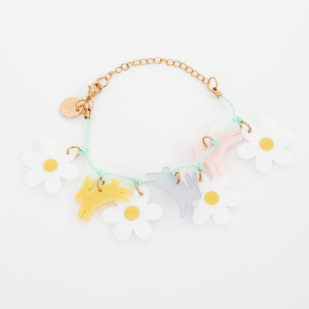 meri meri kids easter bracelet with enamel bunnies and daisies on a mint green waxed cord and gold tone extender chain
