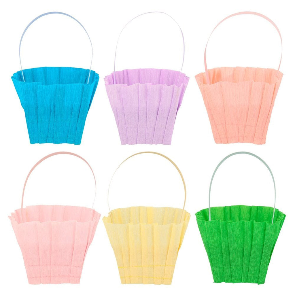 meri meri crepe paper easter baskets in blue, lilac, peach, pink, yellow and green with ruffle around the outside 