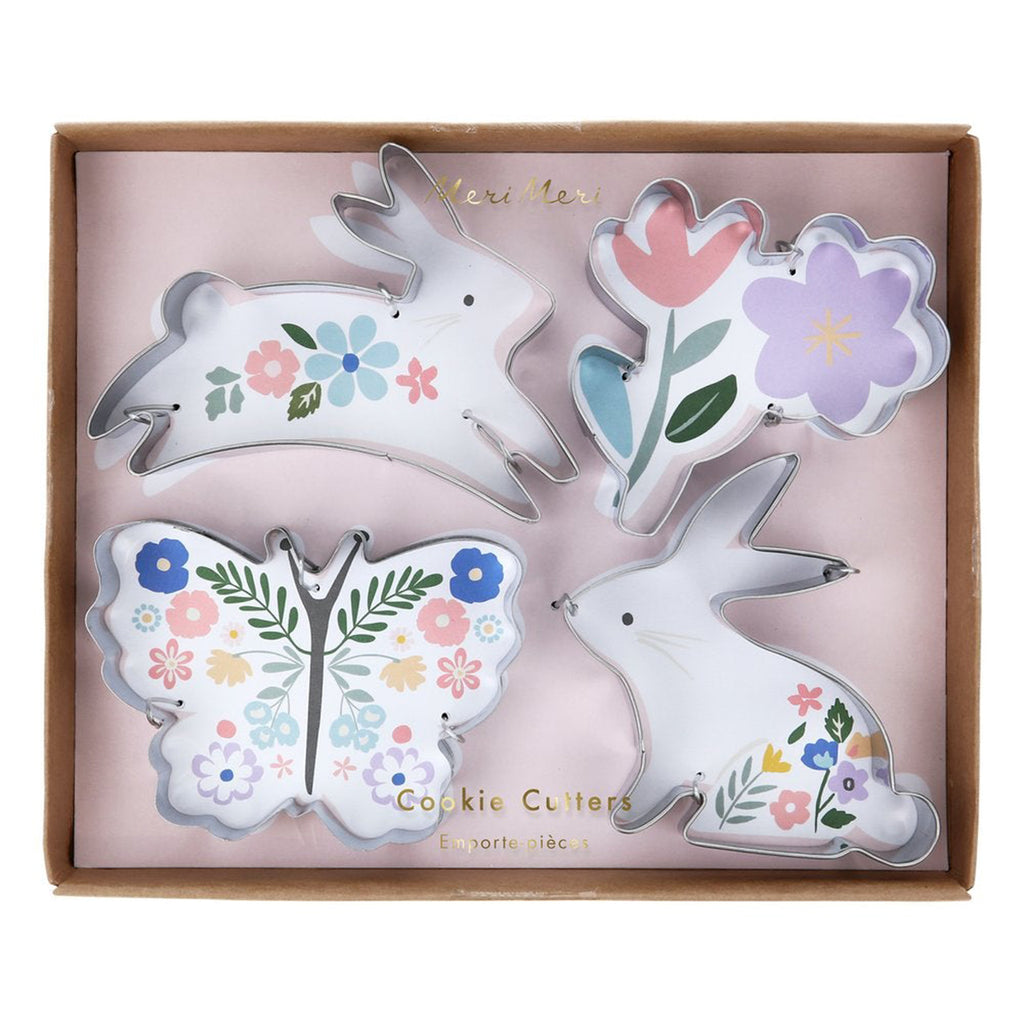 meri meri easter shaped stainless steel bunny, butterfly and flower cookie cutters in kraft paper packaging
