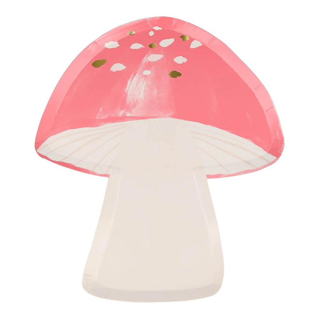 Meri Meri fairy mushroom shaped paper party plates with white stem and red top with white and gold foil speckles.