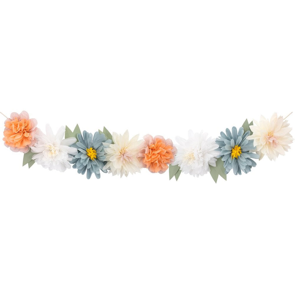    meri meri flowers in bloom giant garland with peach, white, cream, blue and pink tissue paper flowers and pale green leaves on a string