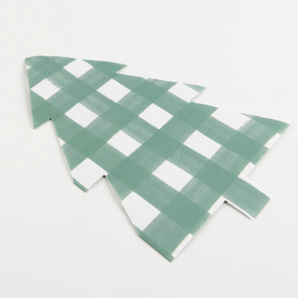 Meri Meri tree shaped paper party napkins with a green gingham print, front and side angle view.