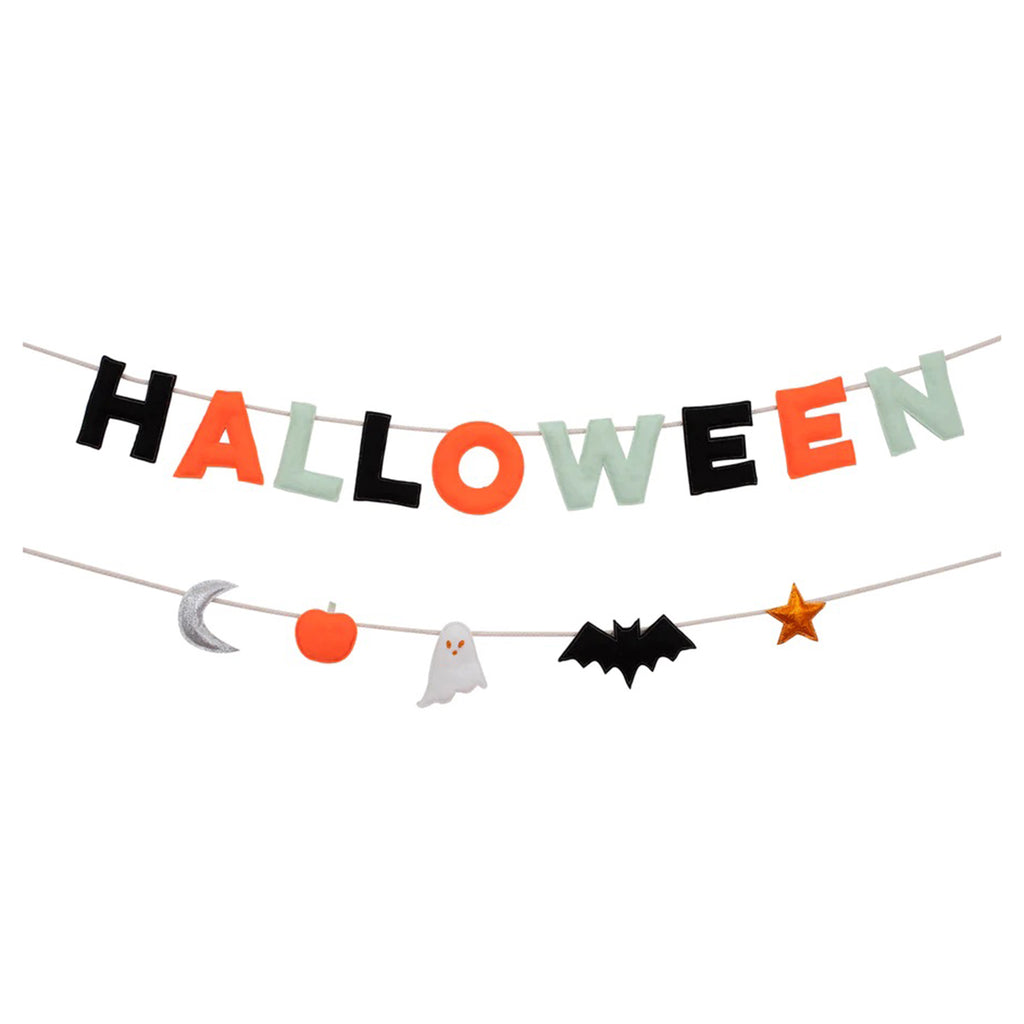 Felt garland with letters that spell out "halloween" and a silver moon, orange pumpkin, white ghost, black bat and copper star stuffed pennants.