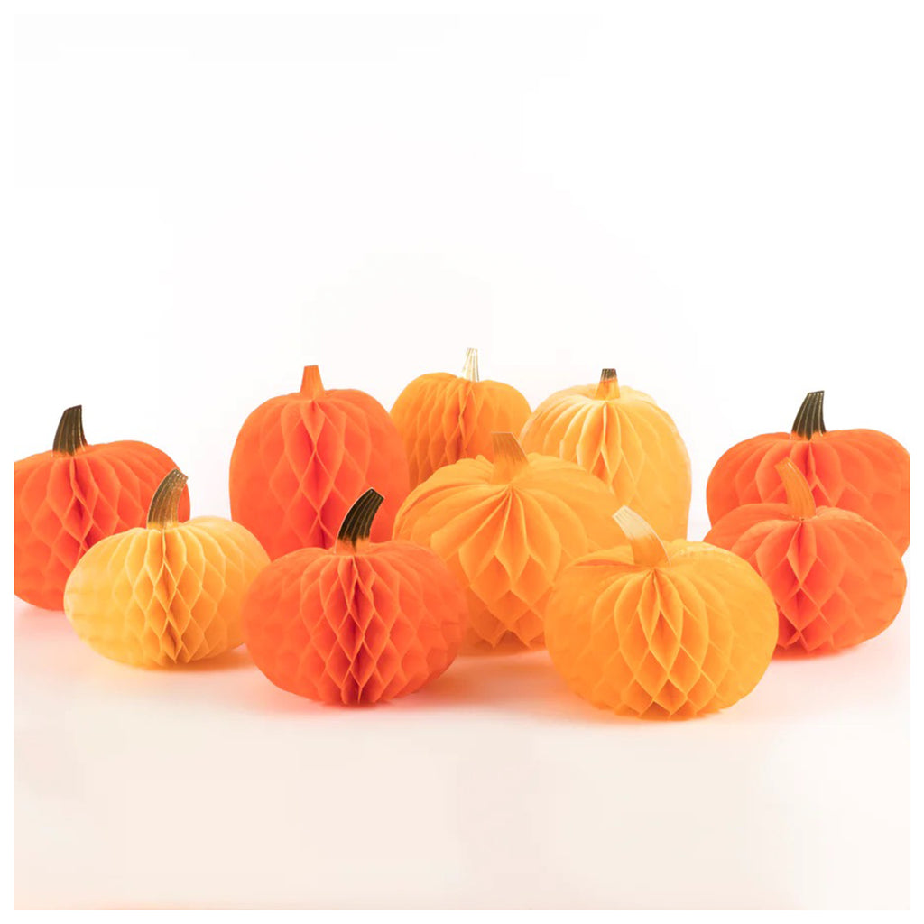 Set of 10 honeycomb decorative pumpkins in different shapes and sizes, in light orange and dark orange.