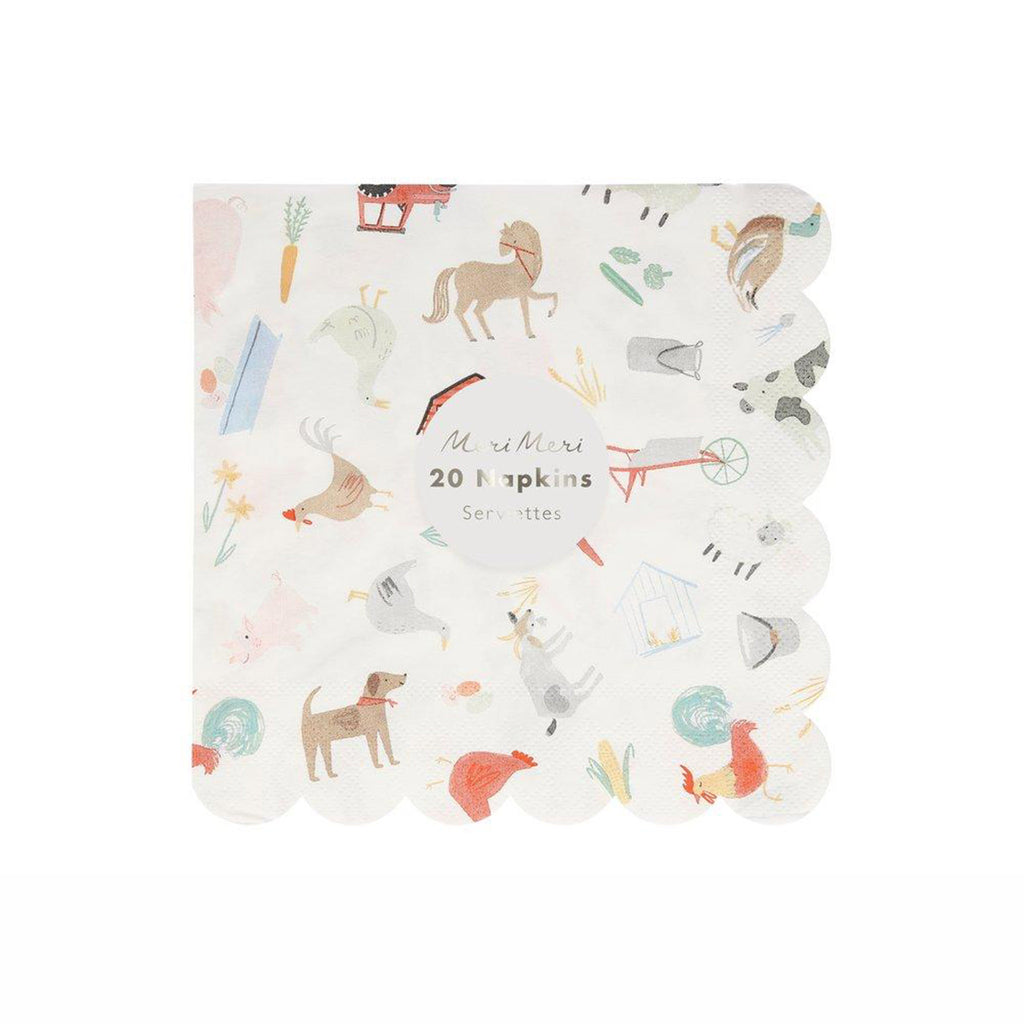 meri meri on the farm large party napkin with animal illustrations and scallop edge in packaging