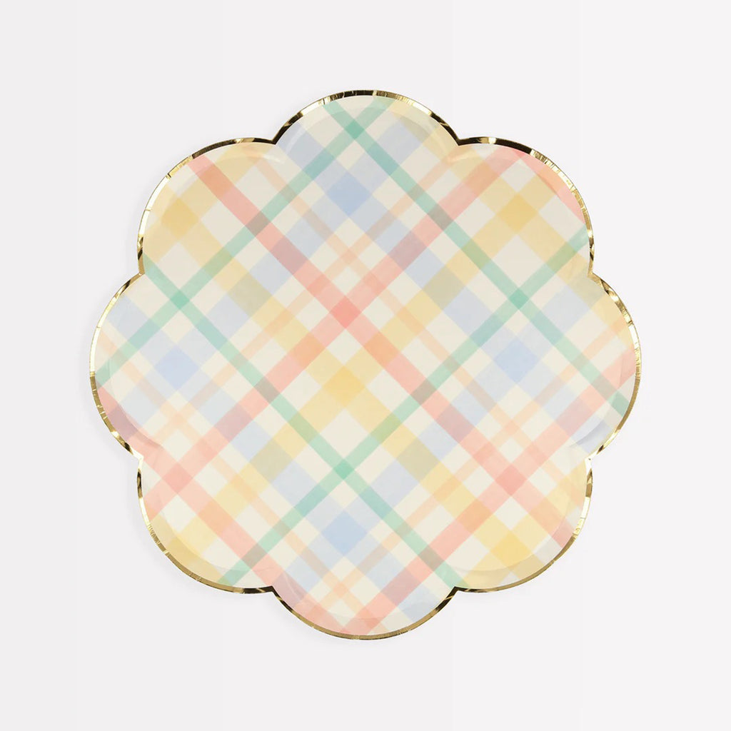 Meri Meri paper party small side plates with scalloped border outlined in shiny gold foil and a plaid design in soft pastel colors.