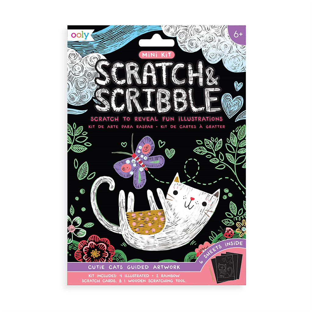 scratch & scribble cutie cats mini kit packaging front black background with a cat on its back and a butterfly flying by with flowers and clouds scratched out in multiple colors