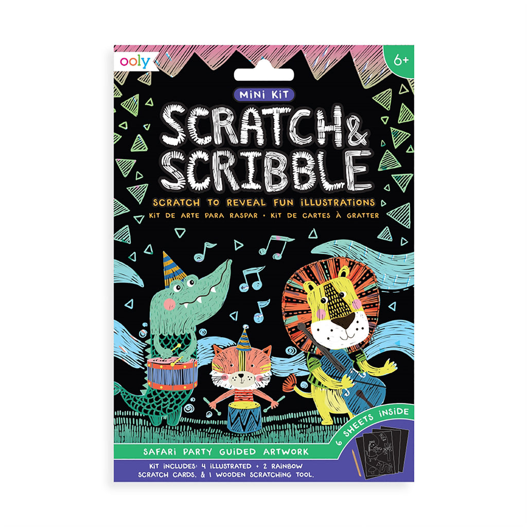 scratch & scribble mini kit in safari party front of packaging with black background and an alligator and fox playing drums with party hats on and a lion playing guitar scratched out in multiple colors