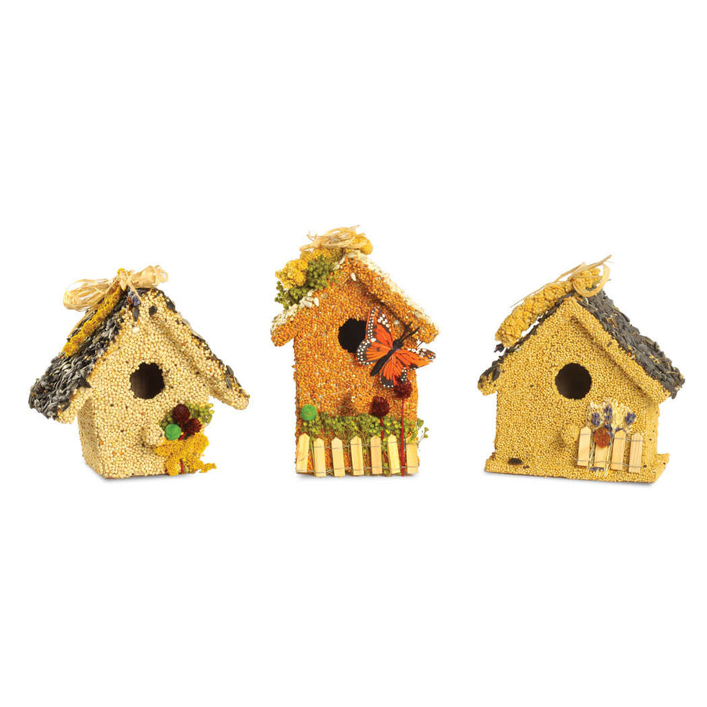 Mr. Bird All Season Birdie Cottage in 3 styles, all in a different shape and decorated with bird seed, floral and dried cranberries.