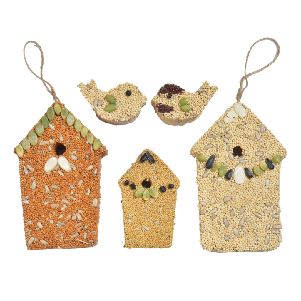 Mr. Bird Home Tweet Home set of 3 solid bird seed houses in different sizes decorated with an assortment of edible seeds. The set also includes 2 bird shaped bird seed treats. 