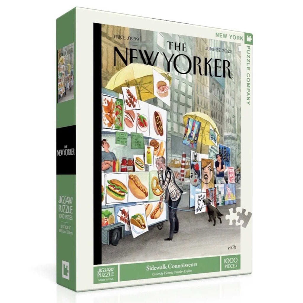 Front and side angle of box for 1000 piece Sidewalk Connoisseurs jigsaw puzzle of a New Yorker magazine cover.