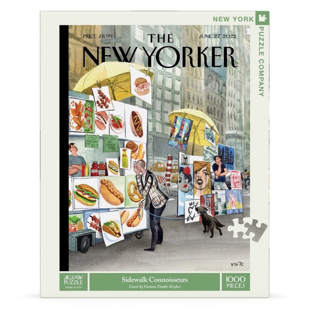 Front of box for 1000 piece Sidewalk Connoisseurs jigsaw puzzle of a New Yorker magazine cover.