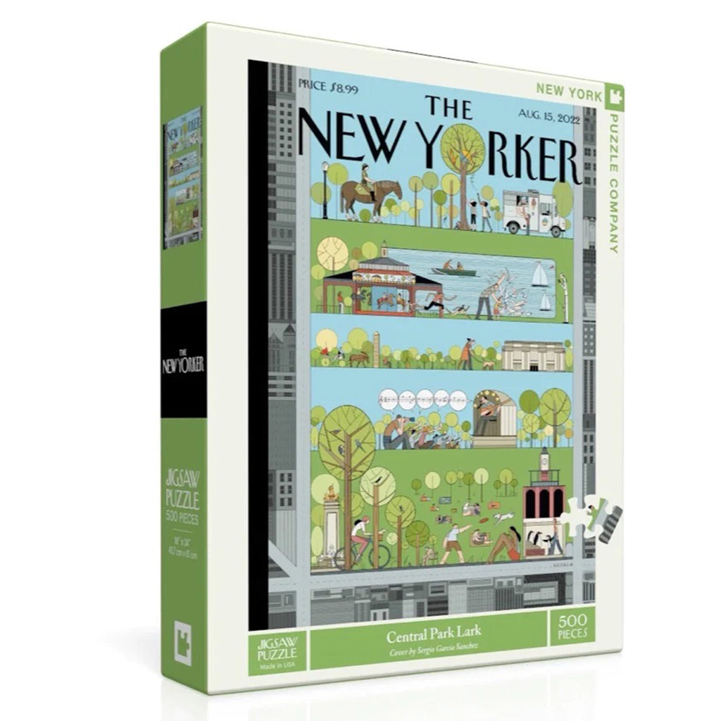 Front and side angle of box for 500 piece Central Park Lark jigsaw puzzle of a New Yorker magazine cover.