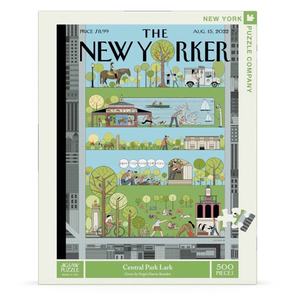 Front of box for 500 piece Central Park Lark jigsaw puzzle of a New Yorker magazine cover.