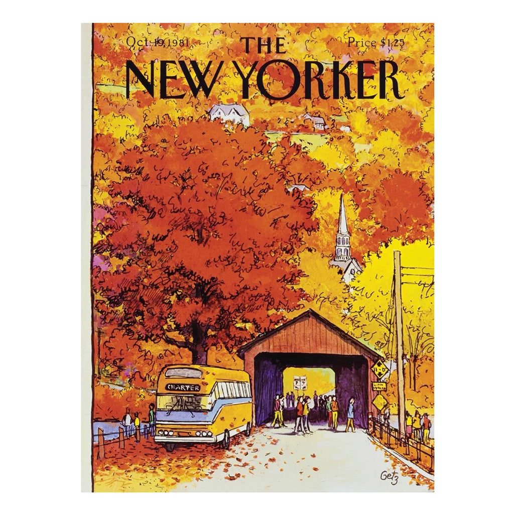 Original New Yorker magazine cover art with tourists from a yellow charter bus wandering around a small covered bridge surrounded by fall foliage and a church steeple rising above it on hill.