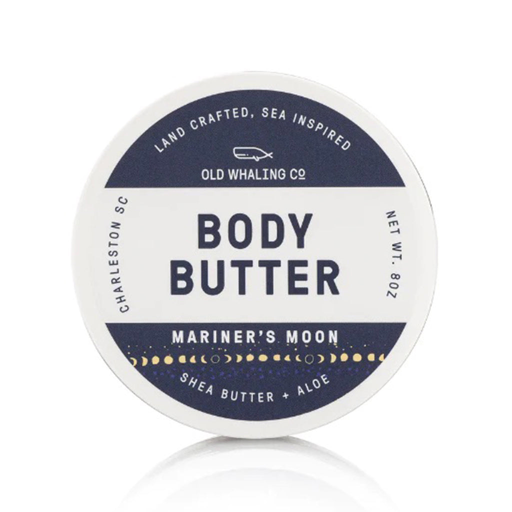 old whaling company mariners moon scented body butter moisturizer in tub packaging, top view of lid.