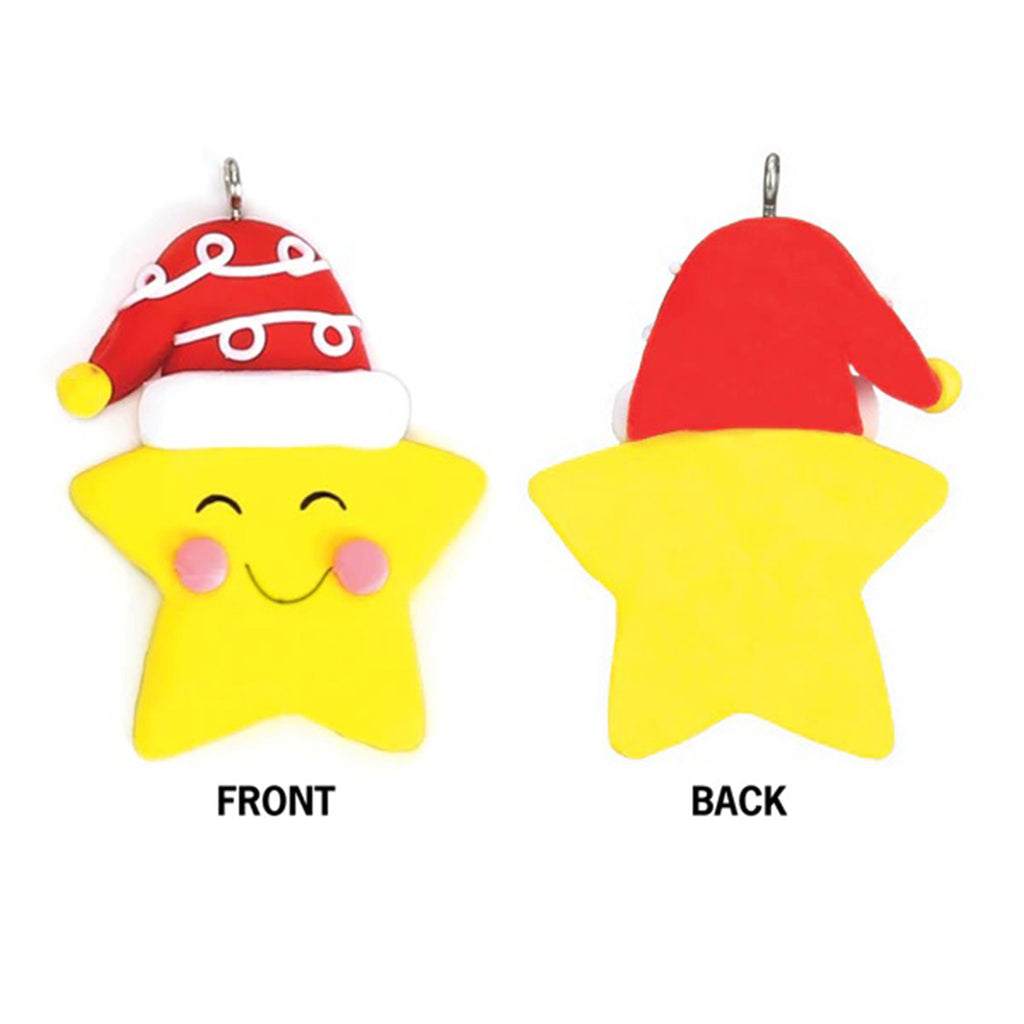 Example of the front and back of a yellow star with a red santa hat, one of the resin ornaments included in the Old World Christmas ornament advent calendar.