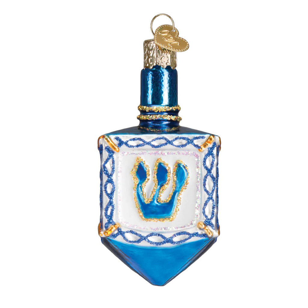 Front view of a blue and white glass dreidel shaped ornament with gold glitter accents.