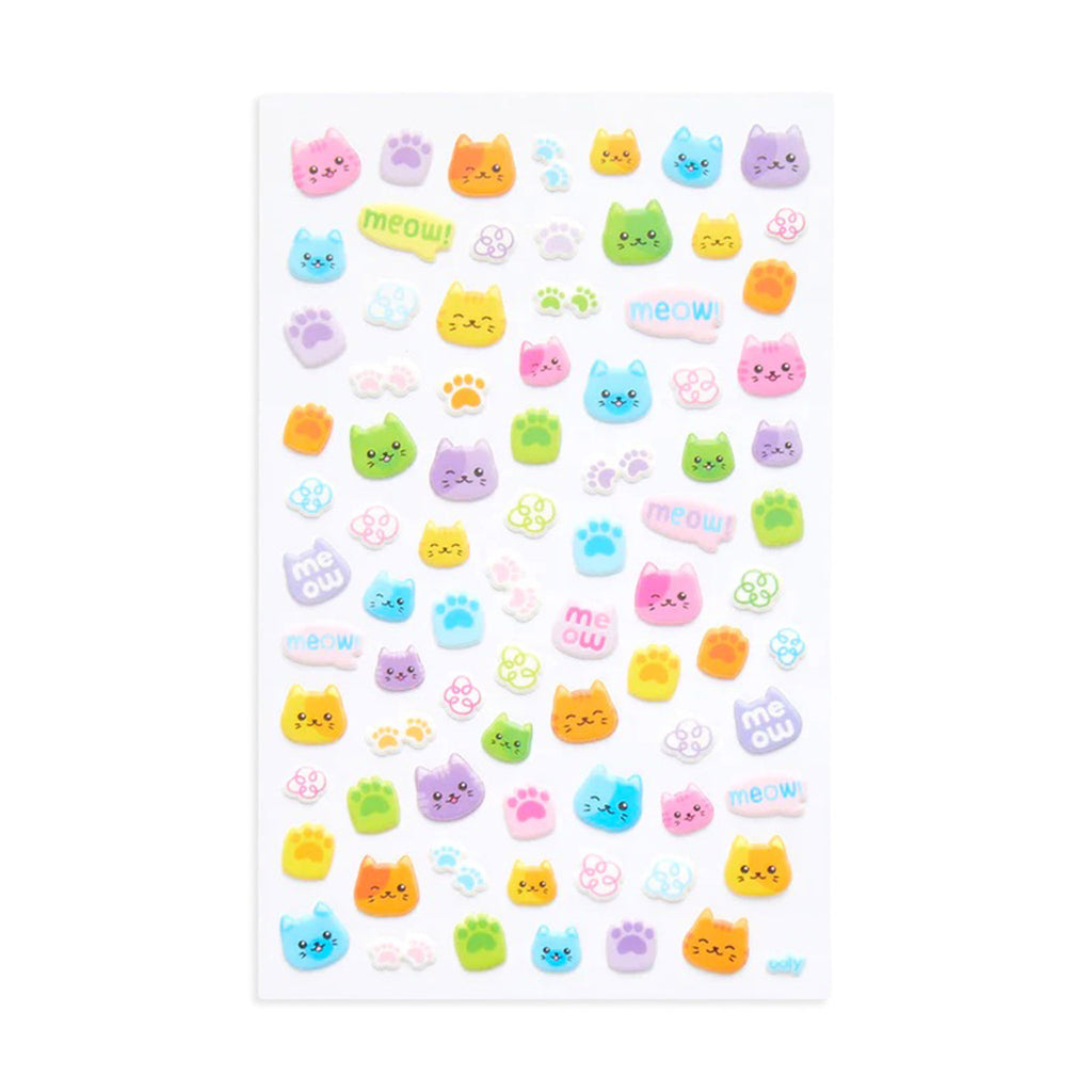 sheet of small puffy stickers in different cat face designs and paw prints in bright pastel colors