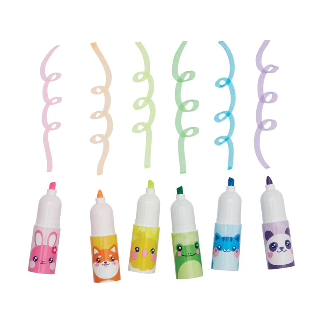Set of 6 pastel highlighters with animal faces on them in a row with caps off and a squiggly line above each showing marker color.