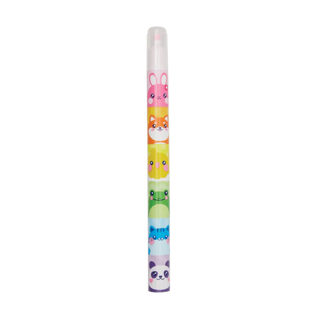 Set of 6 pastel highlighters with animal faces on them stacked.