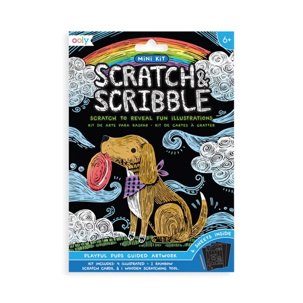 scratch & scribble mini kit playful pups guided artwork in packaging front with a sample of a dog with frisbee and bandana sheet scratched off to reveal rainbow colors on black background